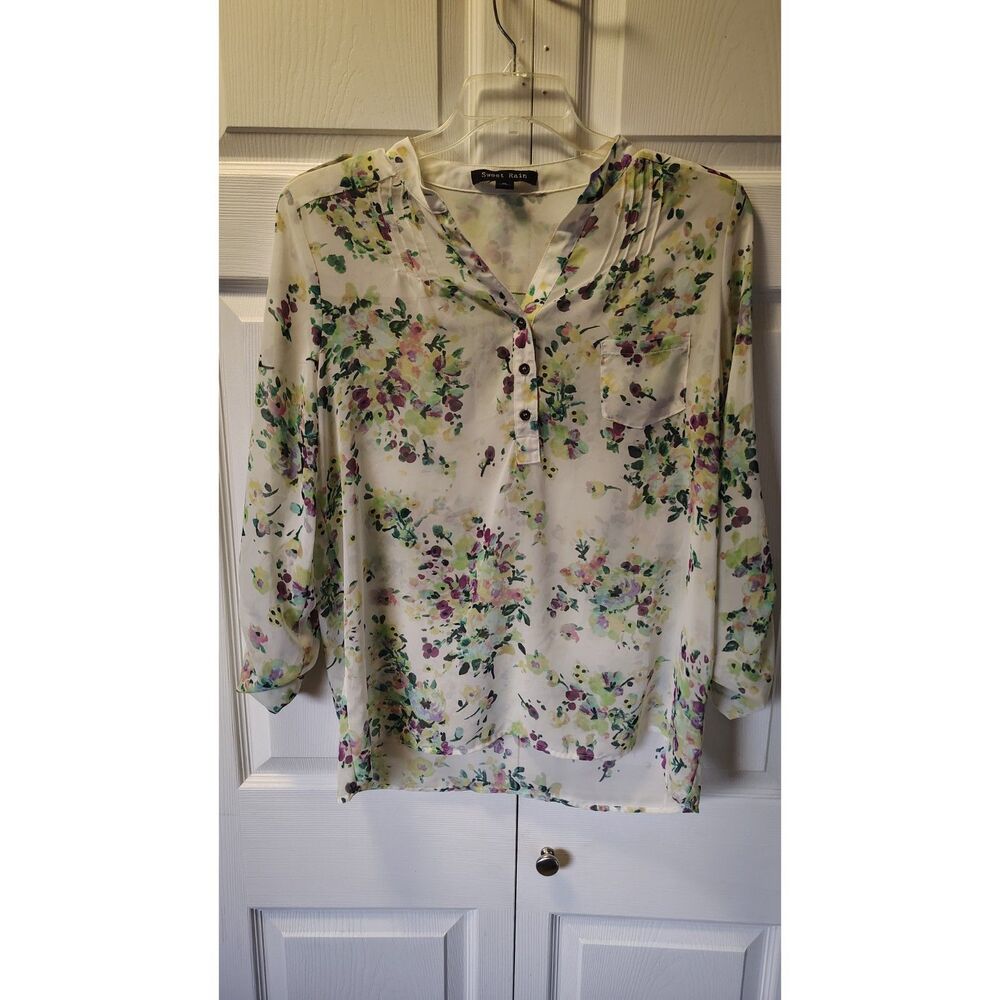 Sweet Rain Watercolor Floral Roll-Tab Sleeve Blouse - Cream XL